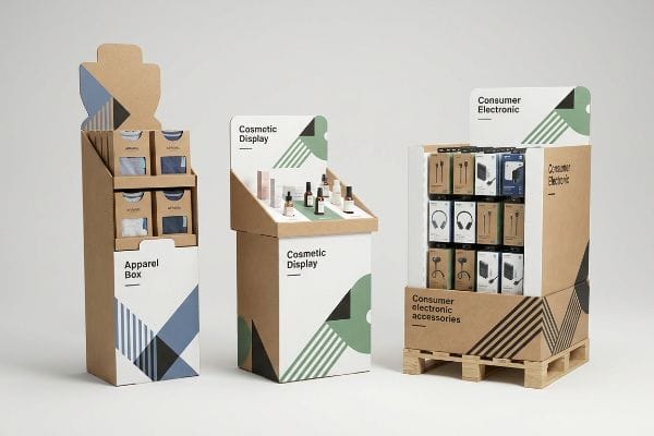Cardboard retail displays: Apparel Box floor standee, Cosmetic Display countertop unit, and Consumer Electronic pallet display with geometric patterns.