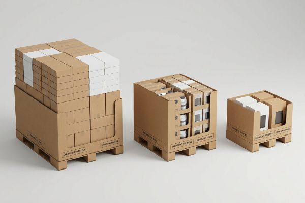 Three corrugated cardboard pallet displays, varying in size, filled with retail products in brown and white boxes, featuring 'Engineered For Retail' and 'Compliant Design' text.