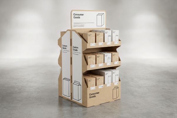 A three-tier cardboard retail display merchandiser presents generic Consumer Goods and Custom Goods boxes in a minimalist setting.