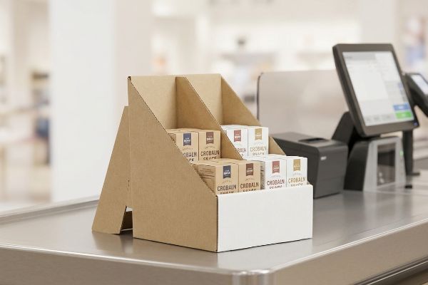 Natural brown corrugated cardboard three-tier countertop display unit holding Crobaln product boxes on a retail checkout counter.