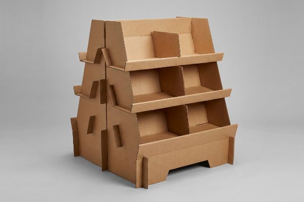 Empty natural brown corrugated cardboard three-tiered retail display stand, engineered for load-bearing products.