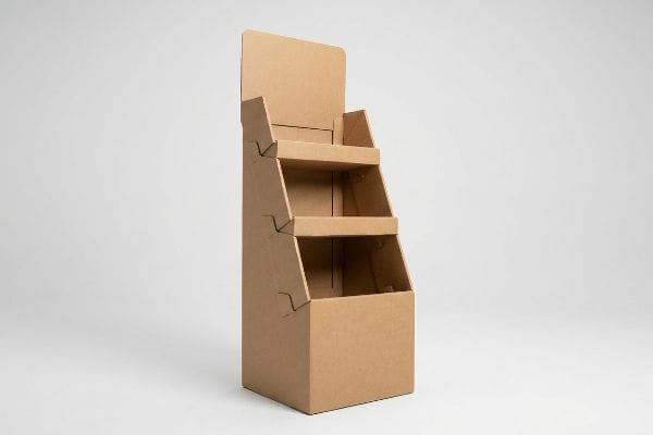 A three-tiered corrugated cardboard POP display stands empty, showcasing its brown, eco-friendly material and sturdy design for retail merchandising.