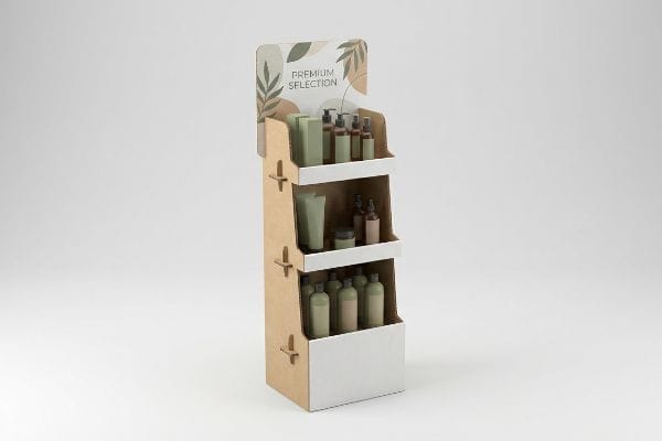 Freestanding POP Display A freestanding cardboard point-of-purchase display with a "Premium Selection" header, showcasing eco-friendly cosmetic bottles and tubes on three shelves.