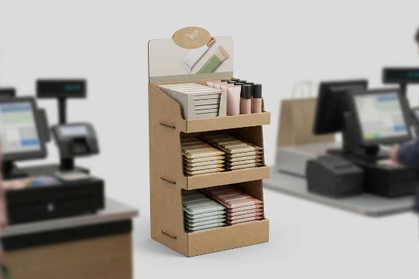 A three-tier corrugated cardboard point-of-sale display, showcasing cosmetic tubes and packaged beauty products, stands in a retail checkout area.