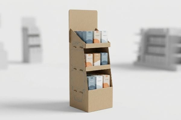 Un présentoir PLV en carton ondulé brun met en valeur trois niveaux de petites boîtes de produits bleues et oranges.