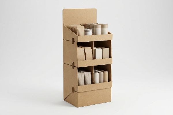 A freestanding three-tier corrugated cardboard point of purchase display filled with various products in kraft paper bags and white containers.