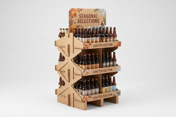 A three-tier corrugated seasonal beverage display unit showcases numerous Limited Edition bottles, topped with a 'Seasonal Selections' header.