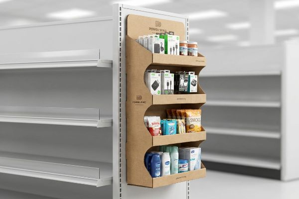 Corrugated Power Wing display with three tiers of electronics, snacks, and personal care items, mounted on retail shelving.
