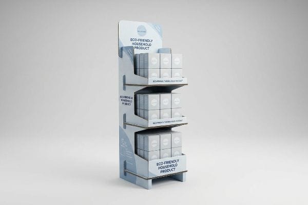 A three-tiered corrugated cardboard POP display showcases multiple white boxes of Eco-Friendly Household Product.
