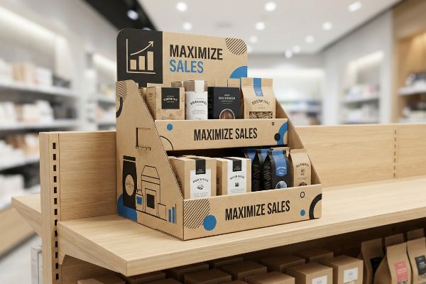 A three-tier corrugated cardboard retail display with 
