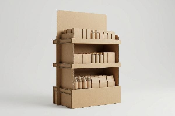 Corrugated Retail Display Stand This three-tiered corrugated retail display, made from kraft paper, presents small brown boxes and clear vials for merchandising.
