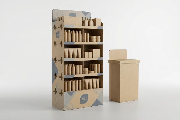 Kraft cardboard POP display floor unit with natural product containers and a smaller pedestal, featuring 'Thrive & Grow' branding.