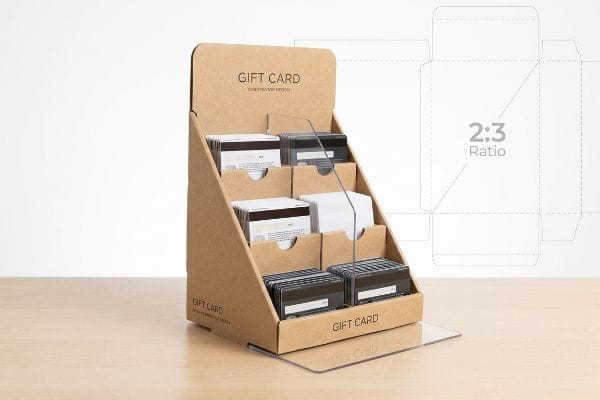 Expositor de cartões-presente em vários níveis, feito de papelão marrom 