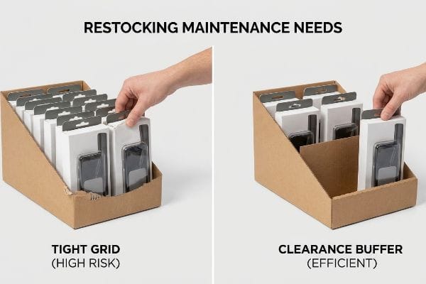 Brown corrugated cardboard display shows a hand forcing product into a Tight Grid, High Risk for restocking damage.