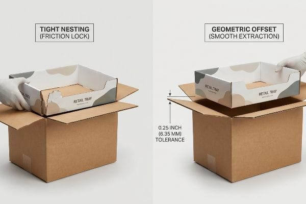 White-gloved hands insert a patterned Retail Tray into a tight corrugated master carton, demonstrating friction lock during nesting.