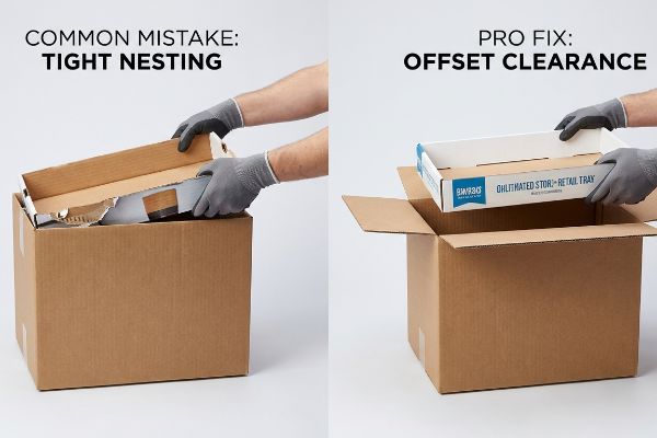Comparison of Tight Nesting, tearing a retail tray, versus Offset Clearance for easy unpacking of a BW30 Ohlitihated Stor- Retail Tray.