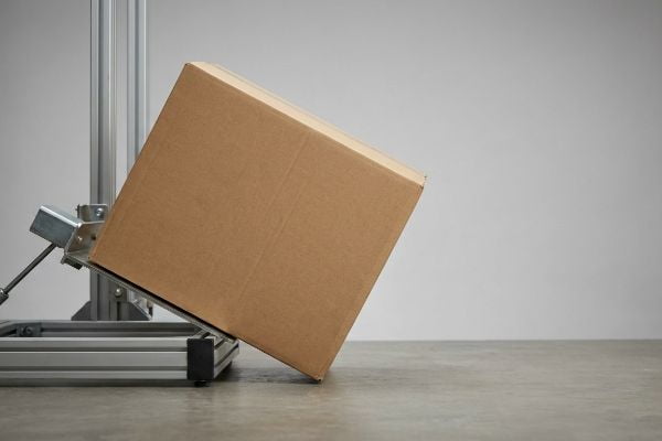 Brown cardboard box on a metal ISTA 3A testing apparatus, simulating small parcel drop impact and shock absorption.