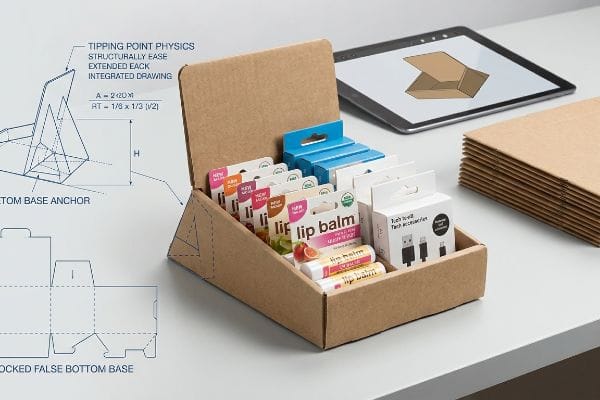 Brown cardboard countertop display with Lip Balm, Tech Accessories, and Tipping Point Physics blueprints.