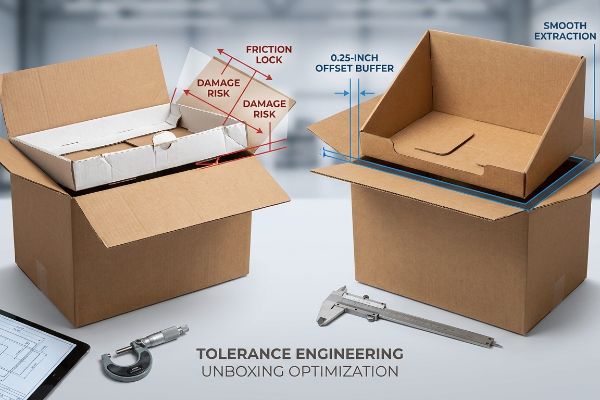 Comparação de embalagens de papelão ondulado: um inserto branco destaca o sistema de travamento por fricção e o risco de danos, enquanto um inserto marrom mostra uma margem de segurança de 0,25 polegadas para facilitar a extração. Micrômetro e paquímetro demonstram a engenharia de tolerância para otimização da abertura da embalagem.