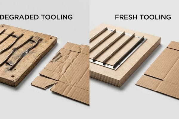 Warped wooden die board and crushed cardboard from Degraded Tooling contrasted with a new steel rule die and precisely cut cardboard from Fresh Tooling.