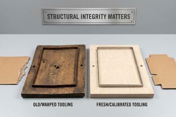 Old, warped wooden tooling with steel die contrasts with fresh, calibrated tooling. Plaque: Structural Integrity Matters.