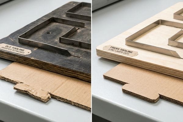 Warped plywood 'Old Tooling' with jagged cardboard cuts contrasts with 'Fresh Tooling (CNC Laser-Cut)' producing clean, precise cuts.