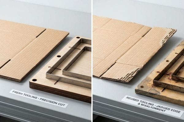 Corrugated cardboard comparison: a Fresh Tooling - Precision Cut shows clean edges, while Reused Tooling - Jagged Edge & Misalignment results in torn, misaligned cuts.