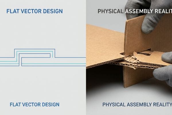 Torn corrugated cardboard assembly by gloved hands, contrasting a flat vector design of interlocking lines, illustrating physical assembly reality.