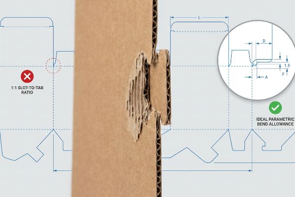 Torn corrugated tab, contrasting incorrect 1:1 Slot-to-Tab Ratio with Ideal Parametric Bend Allowance for dieline compensation.