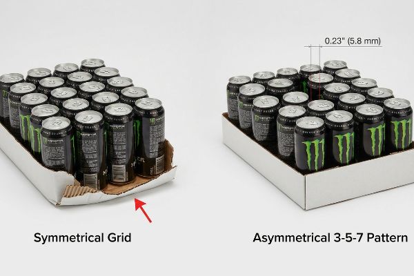Corrugated cardboard trays display Monster Energy cans, showing a Symmetrical Grid with a torn lip versus an Asymmetrical 3-5-7 Pattern with a 0.23-inch (5.8 mm) gap.