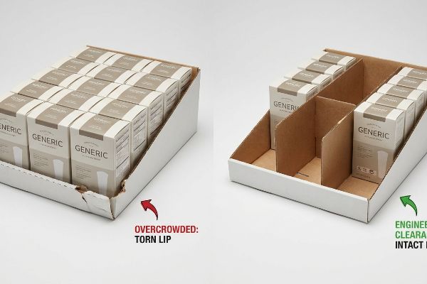 White cardboard display trays compare overcrowded 