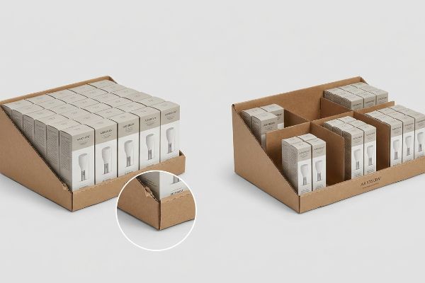 Brown corrugated cardboard retail display trays: one overcrowded with a torn lip, the other with modular dividers for 3-5-7 product clusters like Hair Brush and Face Brush, showing 'AR 175 CBV'.