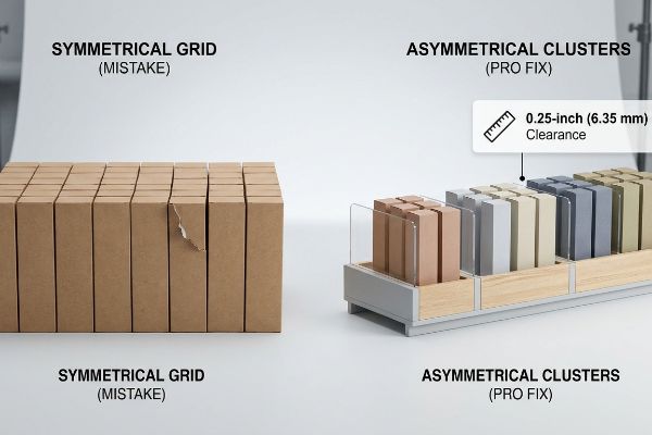 Symmetrical grid (mistake) of brown boxes with torn packaging compared to asymmetrical clusters (pro fix) with 0.25-inch (6.35 mm) clearance.