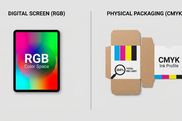 A digital screen displays Rgb Color Space, contrasting with physical packaging showing Cmyk Ink Profile and a 260% Total Ink Limit.