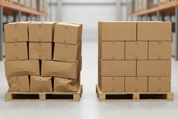 Brown corrugated cardboard boxes on two wooden pallets, one stack severely crumpled from transit crushing, the other perfectly aligned, demonstrating zero-overhang shipping integrity.