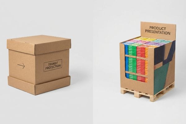 Boîte en carton ondulé brun avec couvercle, marquée