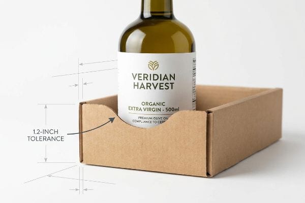 Brown corrugated cardboard retail-ready tray holding a Veridian Harvest Organic Extra Virgin 500ml olive oil bottle, with a 1.2-inch tolerance die-cut swoop for label visibility.
