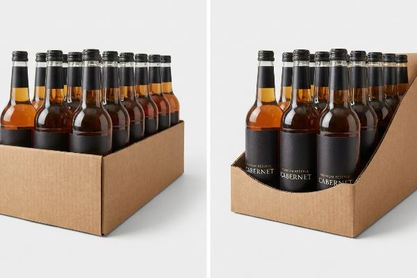 Brown corrugated cardboard shelf tray with a custom die-cut swoop showcasing multiple amber Premium Reserve Cabernet bottles for unobstructed label visibility.