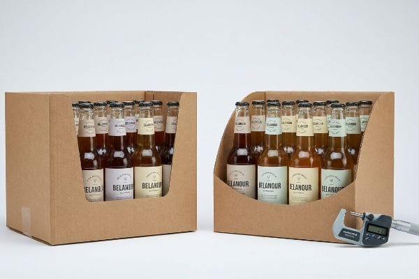 Beverage Tray Measurement Brown corrugated cardboard beverage trays with Belanour bottles, one measured by a digital micrometer showing 4.10mm, highlighting a die-cut swoop for label visibility.