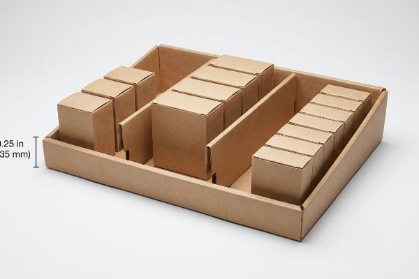 Brown corrugated merchandising tray with modular dividers, showing 0.25-inch (6.35 mm) gap for product boxes.