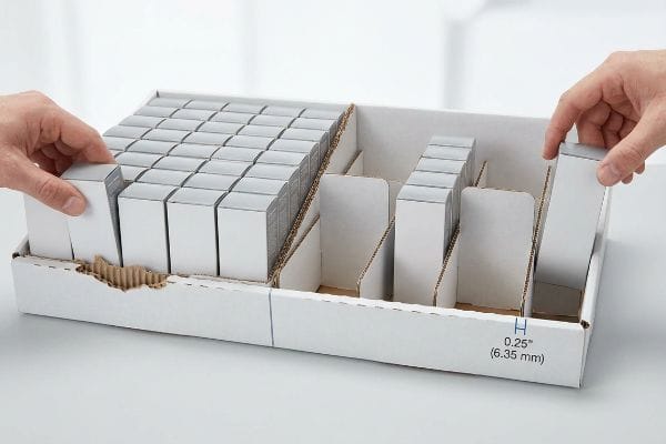 White corrugated tray with modular dividers, demonstrating 0.25-inch (6.35 mm) clearance and paperboard tearing from restocking.