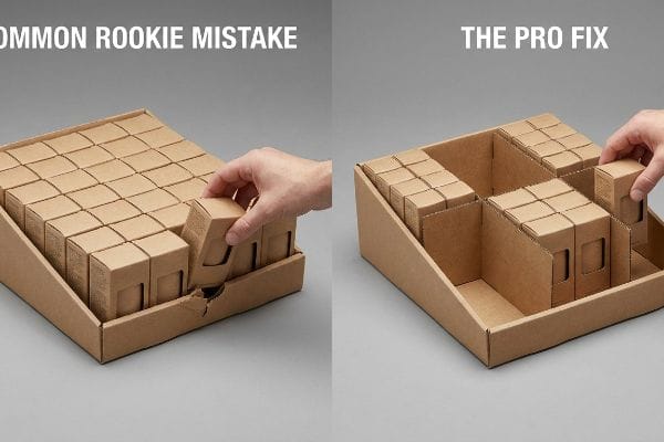 Common Rookie Mistake: tight packing tears brown display. The Pro Fix: modular dividers, easy restocking.