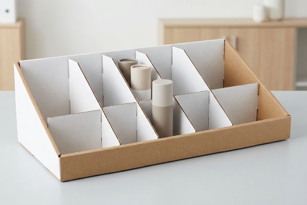 Brown cardboard display tray with white asymmetrical internal dividers for 3-5-7 rule merchandising.