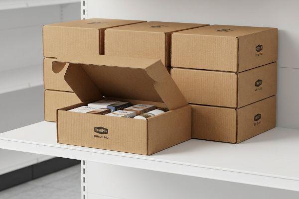 On a white shelf, an open brown corrugated box with Troper B2B Studio branding reveals products, alongside stacked closed shelf-ready packaging.