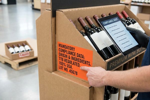 Orange label on wine display details Mandatory Compliance Data, TTB Regulated, 100% USA. Compliance Audit on tablet.