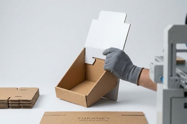 Brown corrugated cardboard POP display box assembly, a gloved hand folding the white back panel. 'Turkney Packaging' logo is visible.