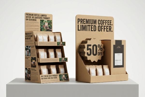 Corrugated cardboard point of purchase displays showcase Premium Coffee, Limited Offer, with a 50% Off die-cut element.