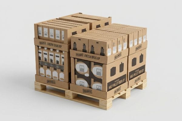 Brown corrugated cardboard Half-Pallet Displays for Brando Fresh Brugup products, stacked on a wooden pallet.