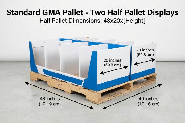 A wooden GMA pallet supports two white and blue half pallet displays, each 20 inches (50.8 cm) deep, demonstrating the 48 inches (121.9 cm) by 40 inches (101.6 cm) standard pallet footprint.