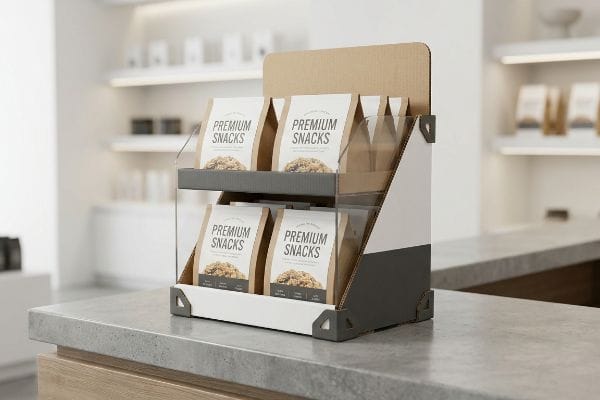 POP Snack Display A two-tiered point-of-purchase display, crafted from white and gray cardboard with clear acrylic shelves, showcases kraft paper pouches of 'Premium Snacks' on a concrete counter.